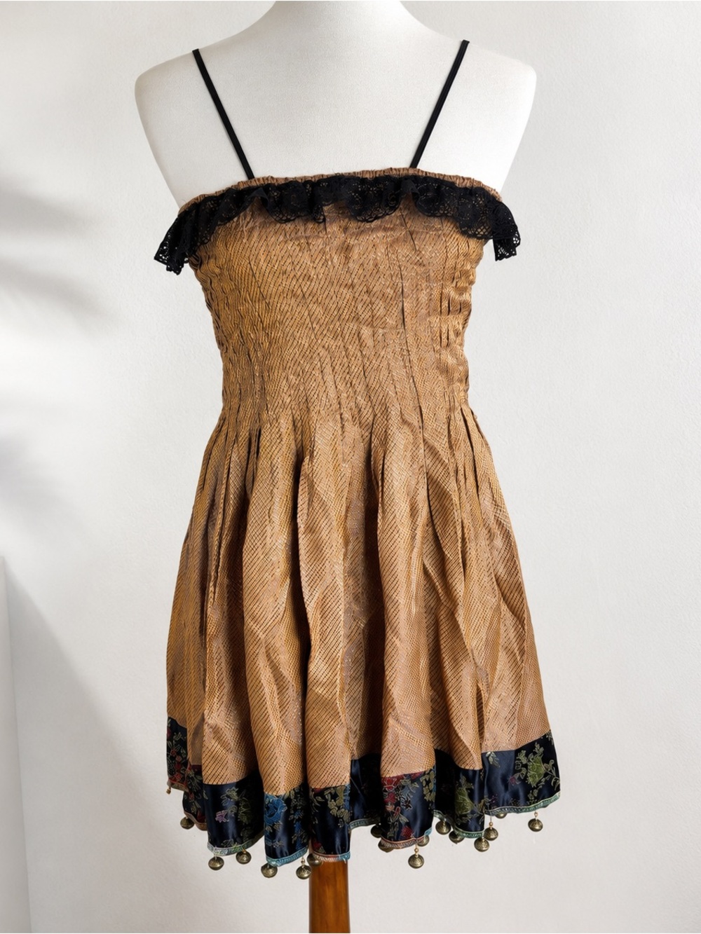 Handmade Boho Mini Dress Brown Black Lace Smocked Beaded Retro Festival Medium - Picture 5 of 7